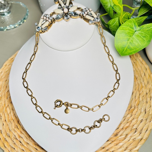 J CREW Art Deco Antique Gold & Cream, Bib Necklace, Rhinestones - Picture 7 of 12